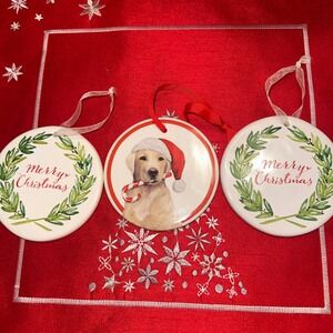 Set of 3‎ Round Christmas Ornaments Golden Retriever Dog Merry Christmas Wreath